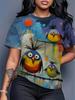 A Stylish Short-Sleeve T-Shirt for Women Featuring a Fun Cartoon Bird Design In Artistic Graffiti Style. This Casual Round Neck Tie-Dye Top Is Perfect