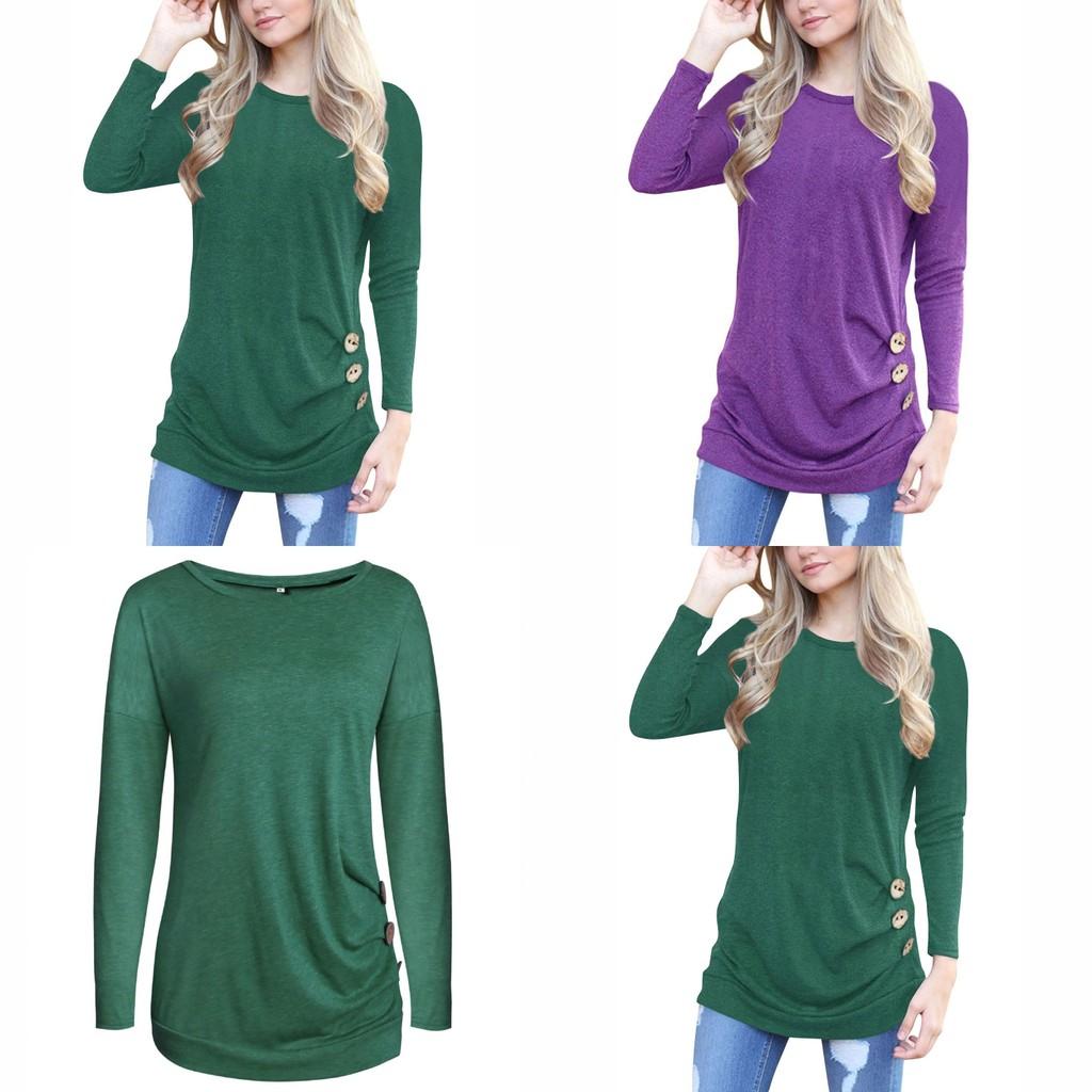 Stylish Long-sleeve Button Detail T-shirt For Women In Various Colors And Sizes