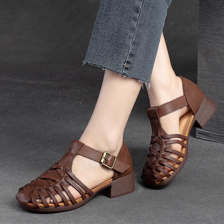 Johnature Sandales respirantes tricotées ajourées pour femmes, chaussures rétro en cuir véritable confortables à talons épais