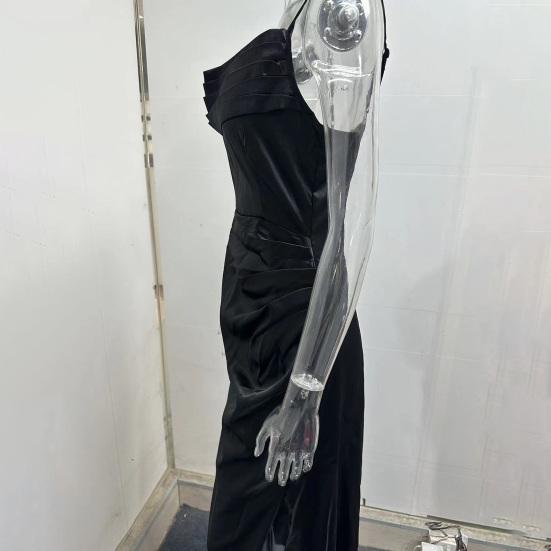 Abito da Sera da Donna Scollo a V Profondo Senza Maniche Spallina Sottile Raso Plissettato Spacco Alto Tinta Unita Vita Stretta Vestibilità Slim Lunghezza Intera Estivo Ballo di Fine Anno