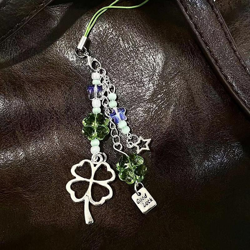 Y2K Trendy Lucky Grass Star Bear Phone Charms Sweet Four-Leaf Clover Beaded Keychain Bag Pendant Decoration For Women Girls Gift