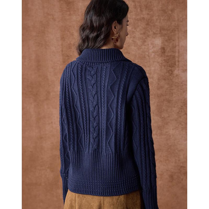 Wudao Women's French Collar Cable Knit Pullover with Sheep Wool Blend