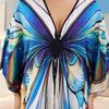 EDOLYNSA Summer Women Vacation Boho Blue Floral Printed V-neck Batwing Sleeve Loose Kaftan Robe 2024 Swimwear Cover Up Casual Beachwear Q1588