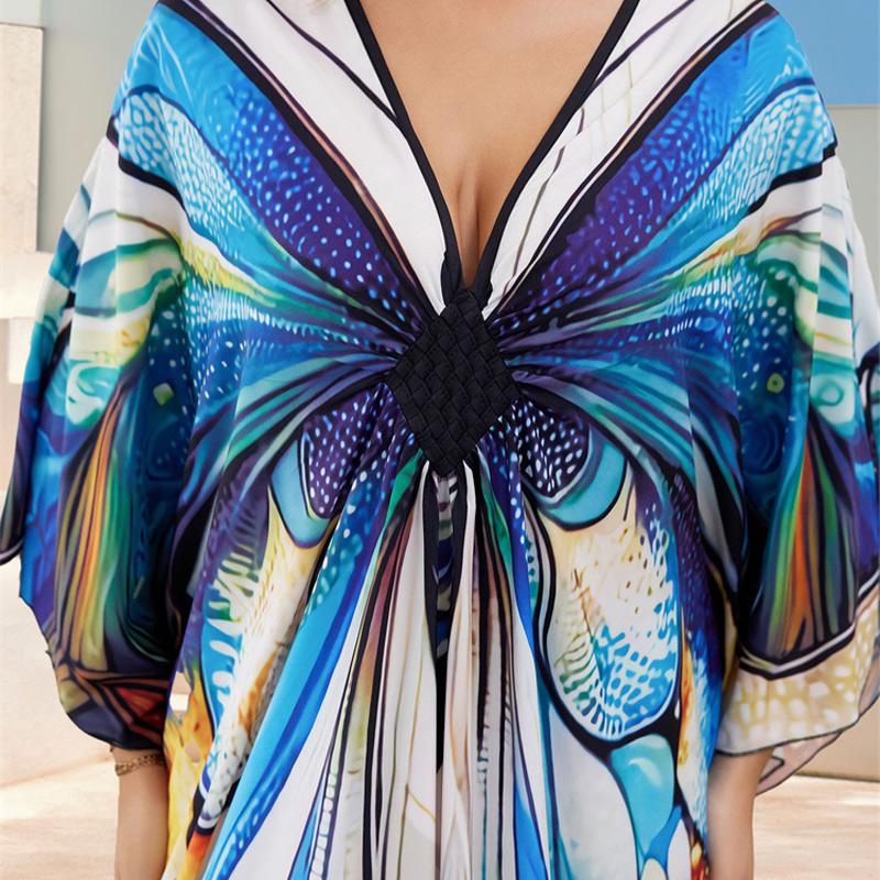 EDOLYNSA Summer Women Vacation Boho Blue Floral Printed V-neck Batwing Sleeve Loose Kaftan Robe 2024 Swimwear Cover Up Casual Beachwear Q1588