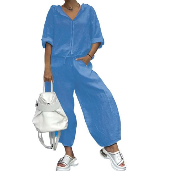 2 szt./zestaw Damski płaszcz spodnie garnitur z kapturem zapinany na zamek rękaw 3/4 wiązany dół