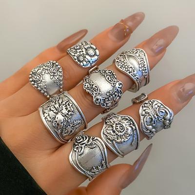 8 Stück Übertriebener Vintage Ring Knöchelring Set Retro Spitze Muster Offener Ring Set Westlich Geeignet für Party Festival und Tägliches Tragen