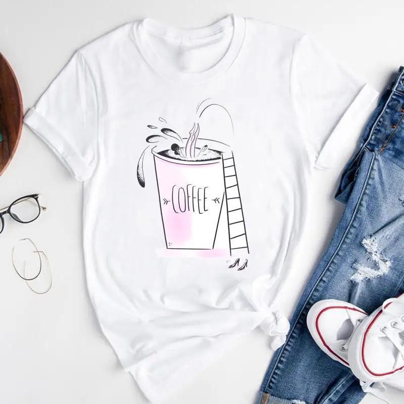 T-shirt Estiva alla Moda con Stampa di Ragazza del Caffè Cartone Animato, Top Casual da Donna, Magliette Grafiche Vintage, Maglietta Pro Choice
