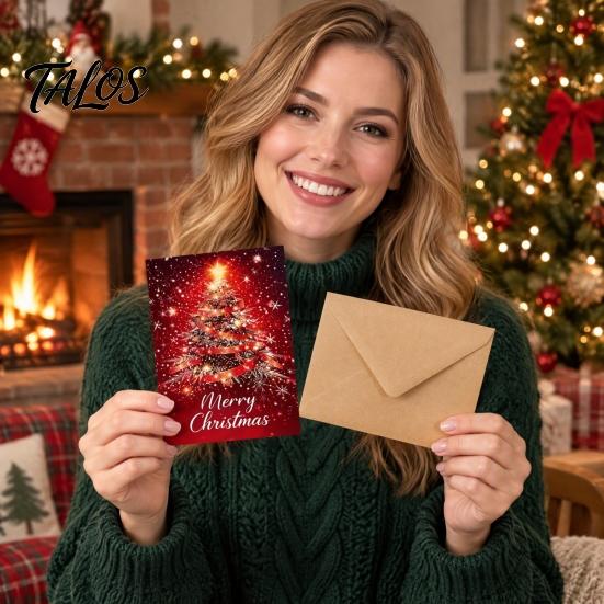 Christmas Greeting Cards with Envelopes 6 Pcs Tree Cards, Merry Sparkly Festive Celebration Invitations Holiday for Winter, Xmas Party Supplies