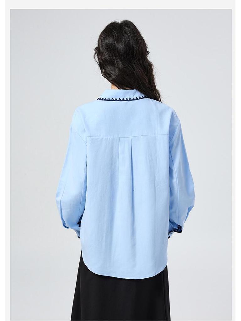 Elegant Blue Polo Collar Slimming Women's Long-Sleeve Shirt - 2026 Early Spring Arrival