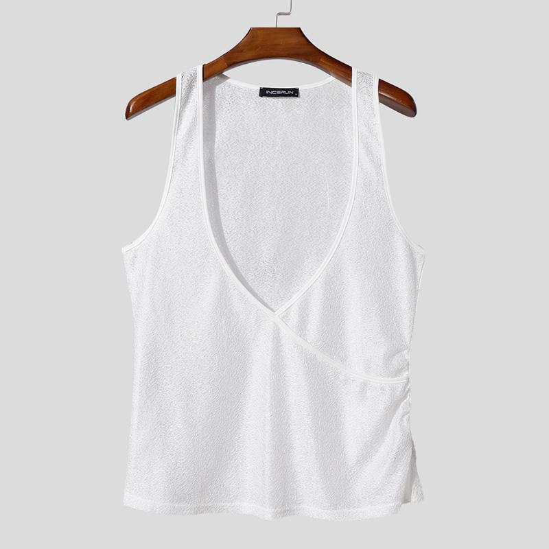 INCERUN Men Deep V Neck Strap Sleeveless See Through Mesh Sheer Tank Tops