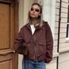 Damen locker Revers Kragen Retro Braun Wildleder Bomberjacke Winter Oberbekleidung