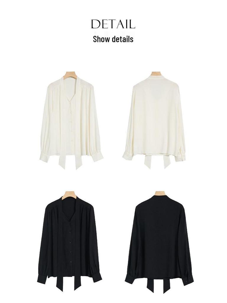 Rong Tai Women's Elegant French Ribbon Long Sleeve V-Neck Chic Shirt - Spring 2026 Collection