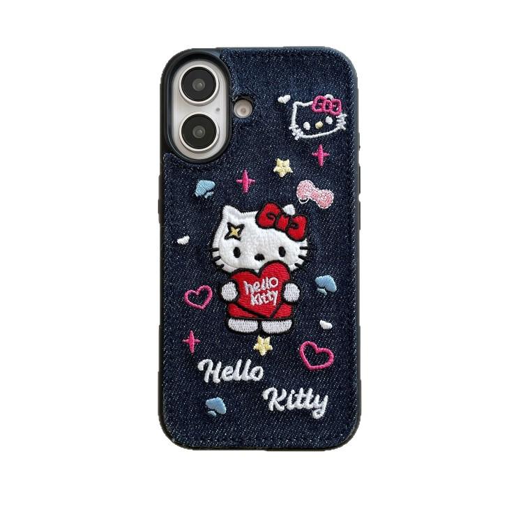 Embroidered Kitty Cat Denim Phone Case for iPhone 15 Pro Max