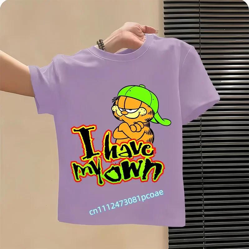 boys' sports shirt, girls' casual top with cartoon print, summer T-shirt Garfield's new children's pure polyester short-sleeved