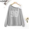 VONDA Dame Snøring Off-Shoulder Langermet Trykte Casual Løse Sweatshirts