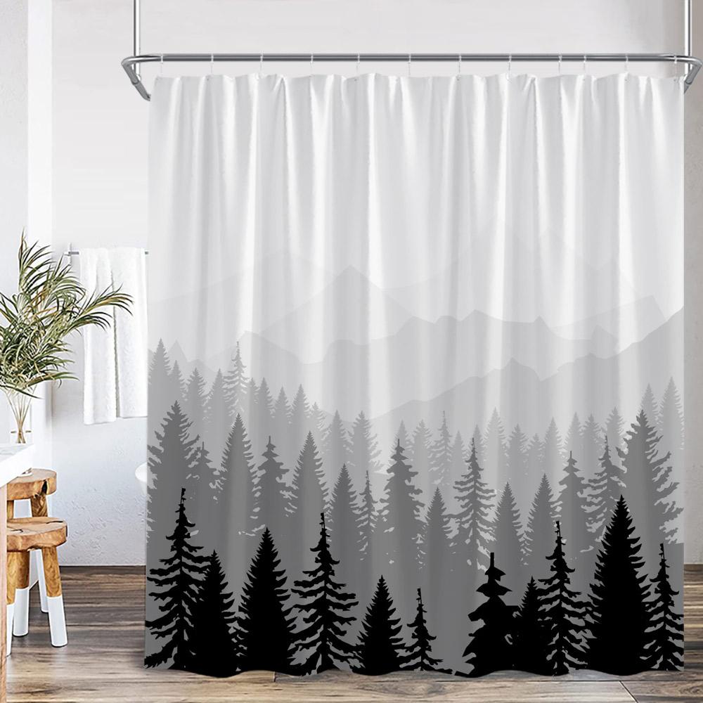 Misty Forest Shower Curtain Foggy Woodland Cloud Pine Tree Nature Nordic Bathroom Decor Modern Minimalist Bath Curtain with Hook