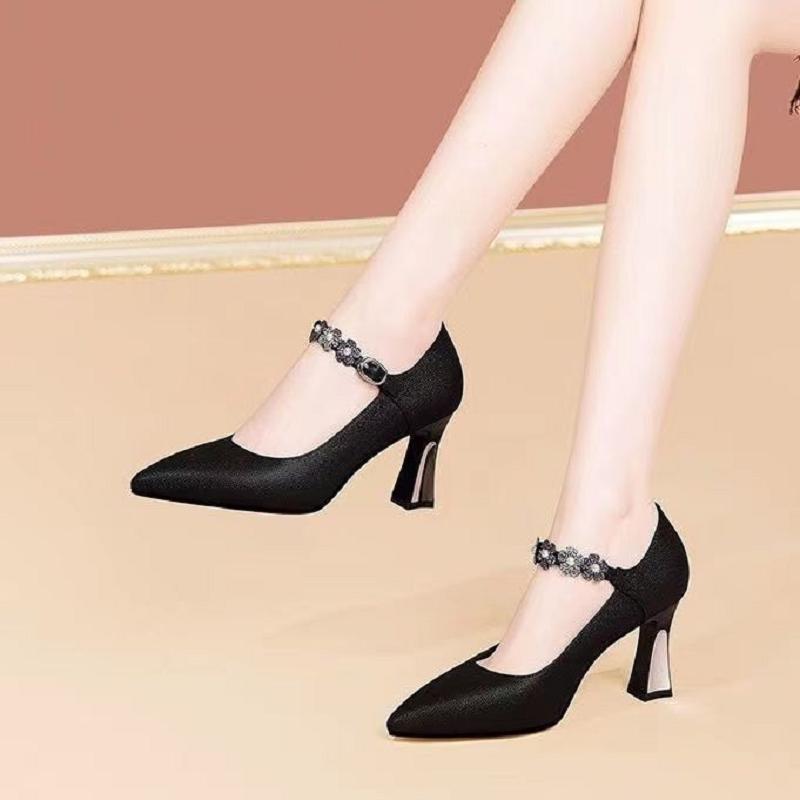  women classic black pointed toe high quality buckle strap shoes lady fashion comfort office career work pumps ab322