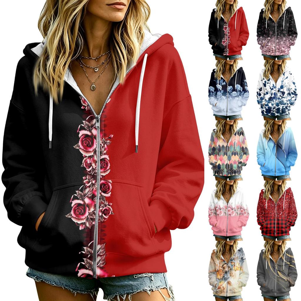 Women's Floral Print Long Sleeve Hooded Jacket with Pockets and for Casual Daily Wear