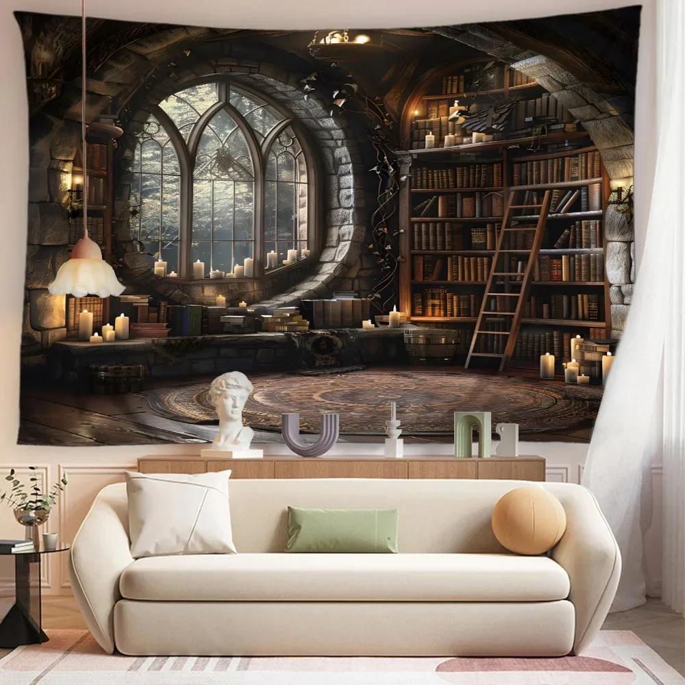Mysterious Library Wall Tapestry, Medieval Bookshelf & Gothic Window Art, Cozy Home Decor For Room & Study