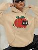 Hot Sale Cute Apple & Black Cat Graphic Print Women Pullover Sweatshirt Loose Long Sleeve with Pocket Hoody Fall Winter Lady Top