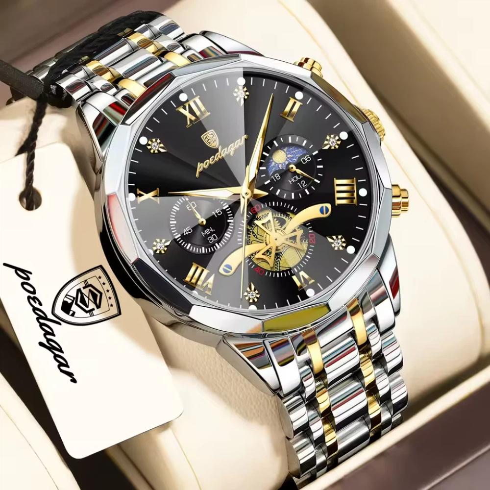 POEDAGAR Original Luxus Herrenuhr Wasserdicht Leuchtend Chronograph Armbanduhr Edelstahl Quarzuhren für Mann Reloj