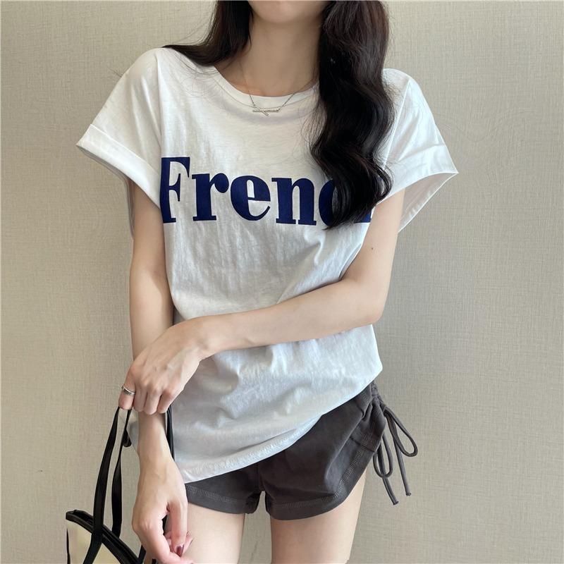 Women Spring Summer Letter Solid Color Short Sleeved T-shirt O-Neck Loose Blouses Pullover Top M-XXL