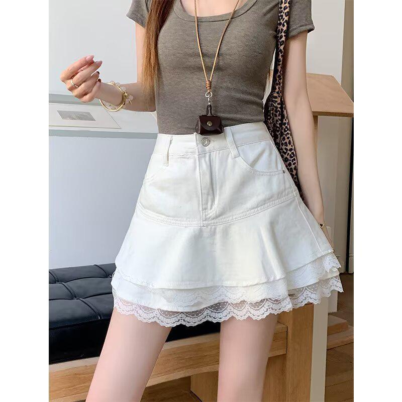 Women's High-Waisted Lace Patchwork Denim A-Line Mini Skirt - 2025 Summer Slimming Layered Design