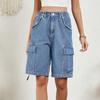 Women's Fashionable Workwear Shorts Solid Color Pocket Button Elastic Waist Casual Five Quarter Pants