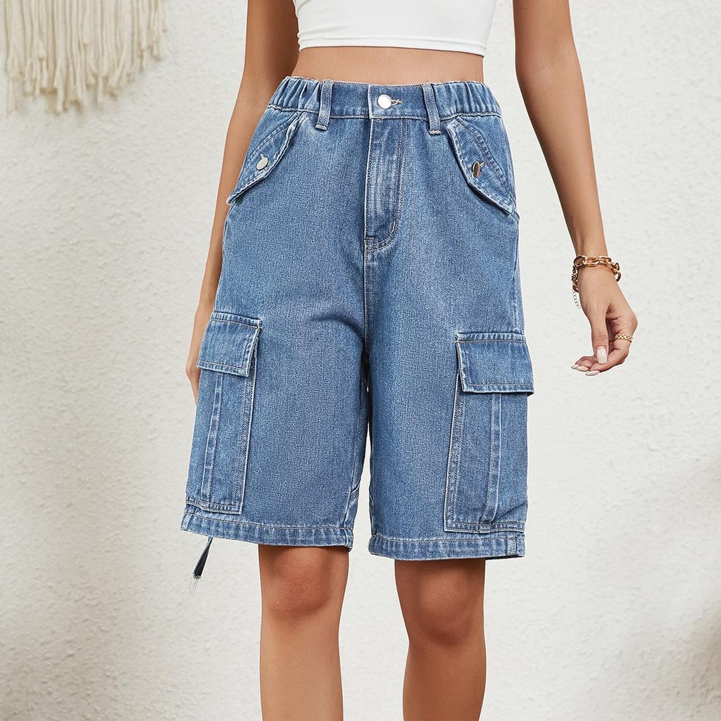 Women's Fashionable Workwear Shorts Solid Color Pocket Button Elastic Waist Casual Five Quarter Pants