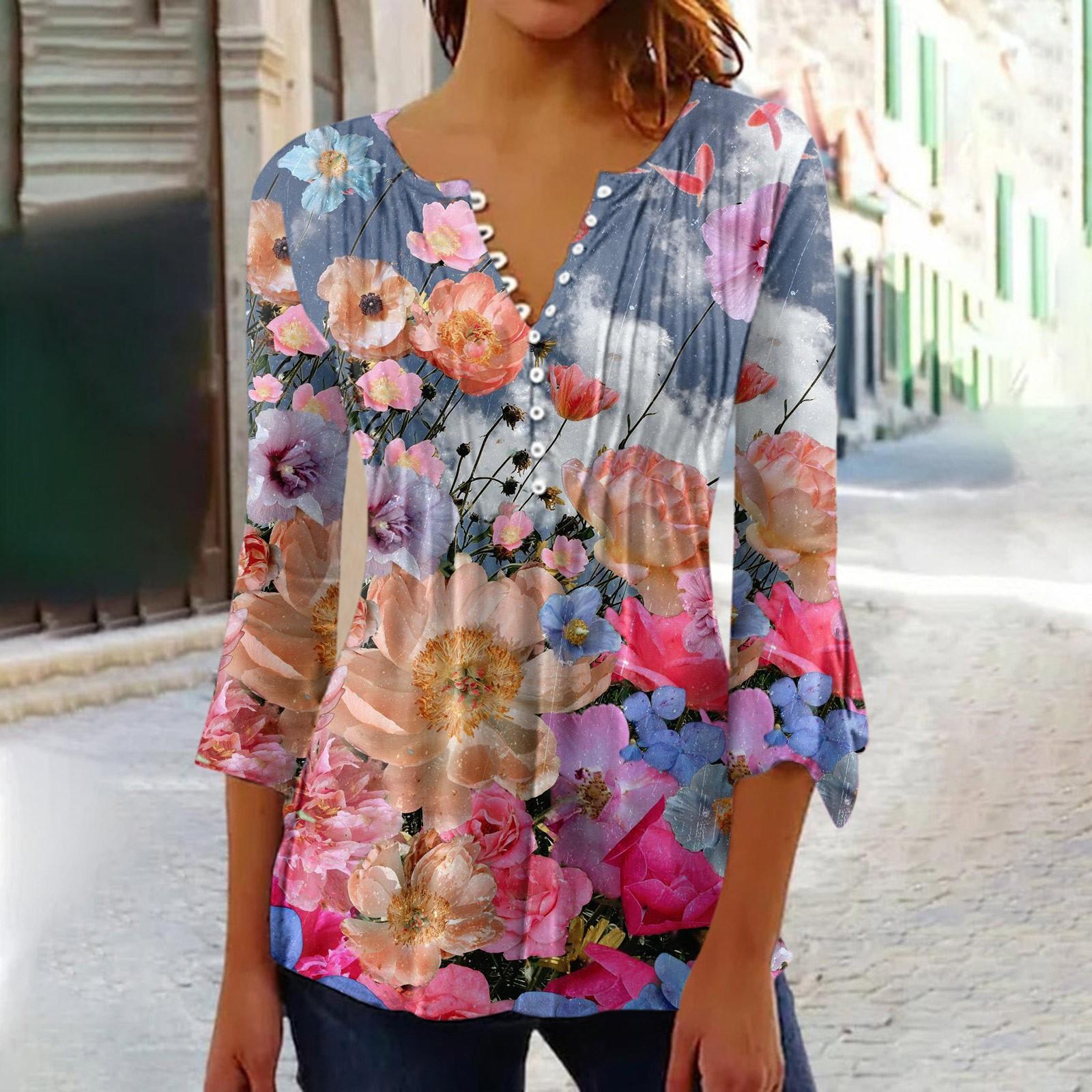 

Рубашки с рукавами 3/4 лепестка для женщин, футболки, блузки, повседневные базовые топы, пуловер со складками и пуговицами с принтом S горячий розовый