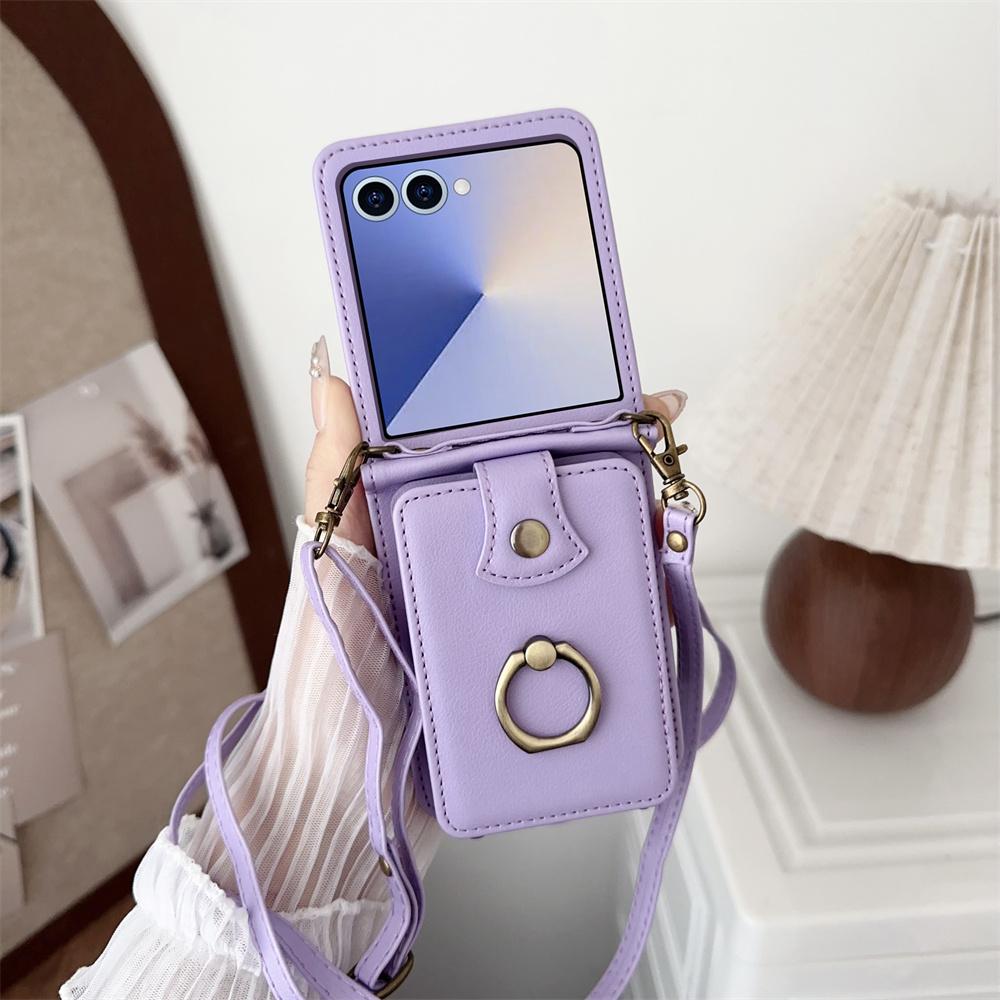 Crossbody Leather Finger Ring Holder Cards Solt Wallet Phone Case for Samsung Galaxy Z Flip 7 6 5 4 3 Flip7 FE Protective Cover