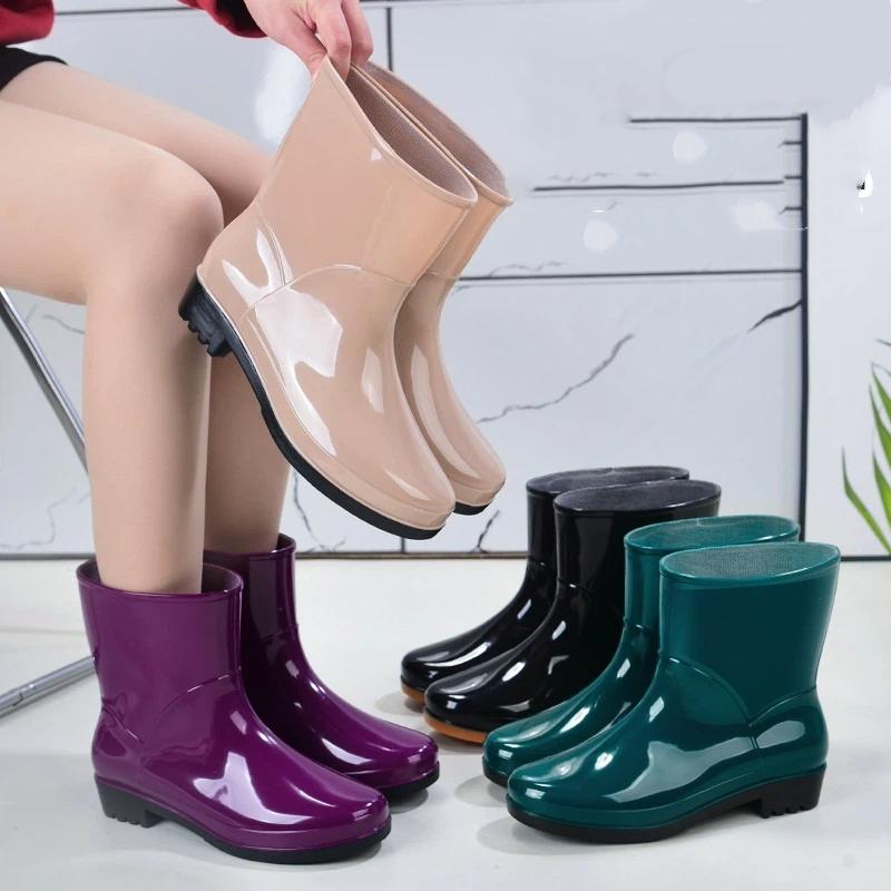 Women Mid Calf Rain Boots Waterproof PVC Shoes Non-slip Rubber Sole