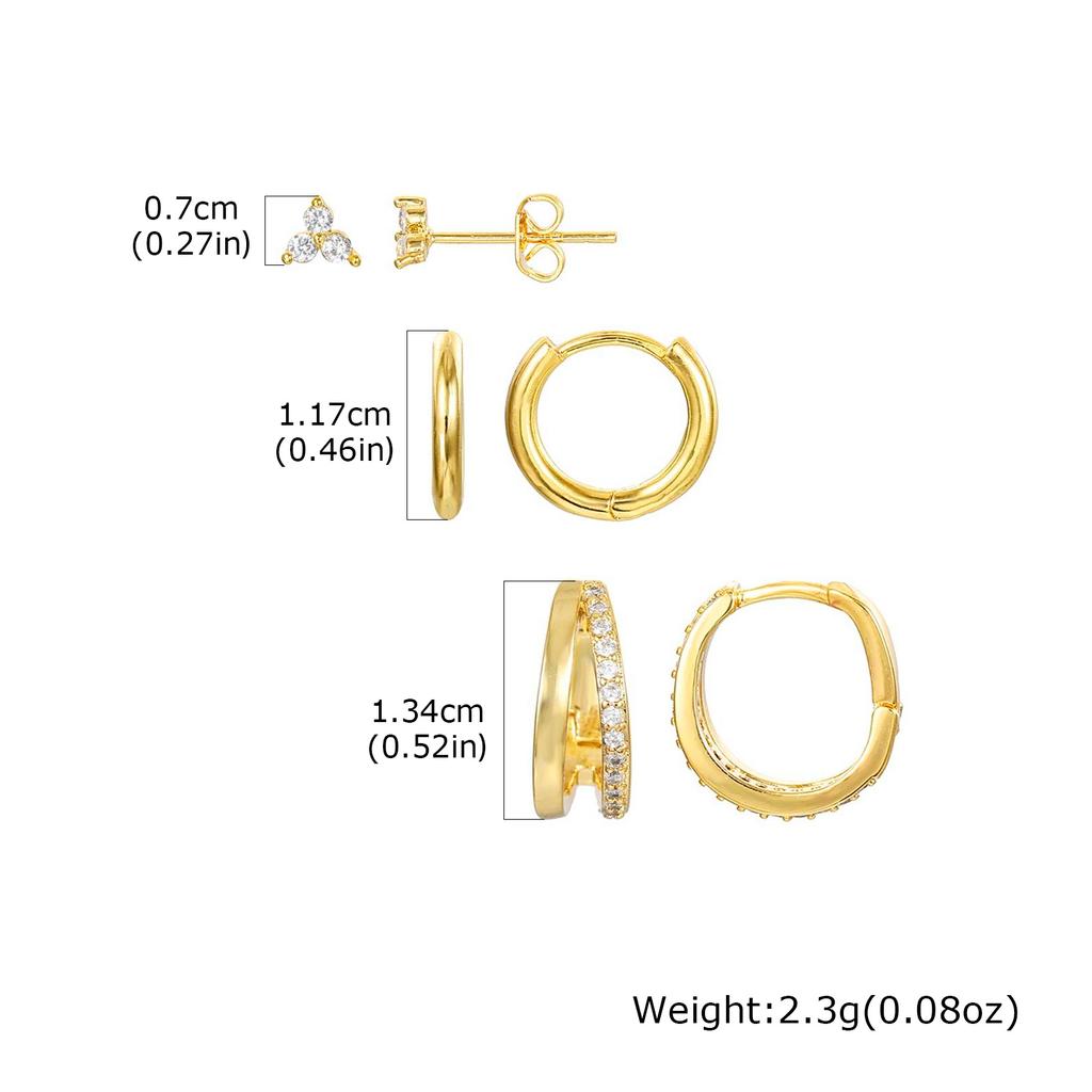 3 Pcs Set Hoop Stud Earrings for Women, Multiple Piercing CZ Crystal Triangle Studs Stackable Huggie Earrings Set Jewelry