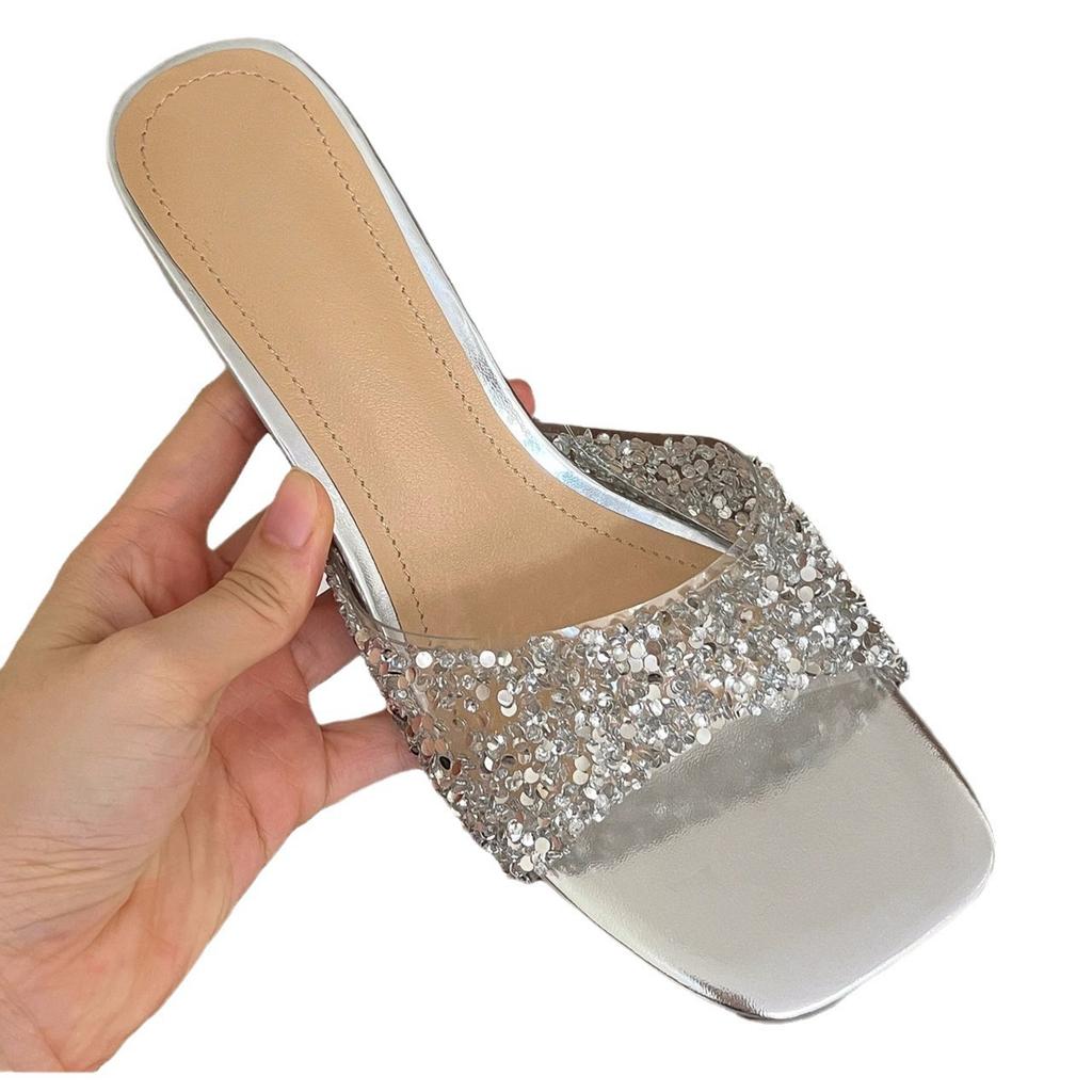 Fashion Sparkling Rhinestone Mules with Clear Block Heel: Glamorous Summer Footwear