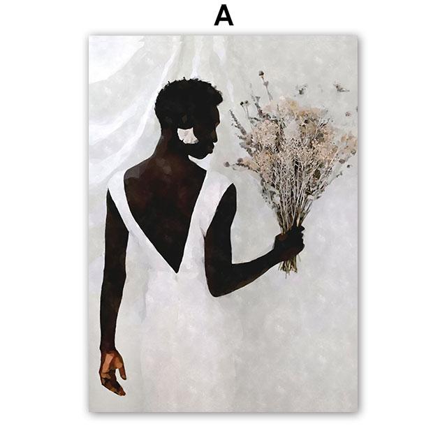 Beautiful Black Girl Wall Art Flowers Door Watercolor Oil Painting Minimalist Nordic Poster Printing Wall Painting Living Room