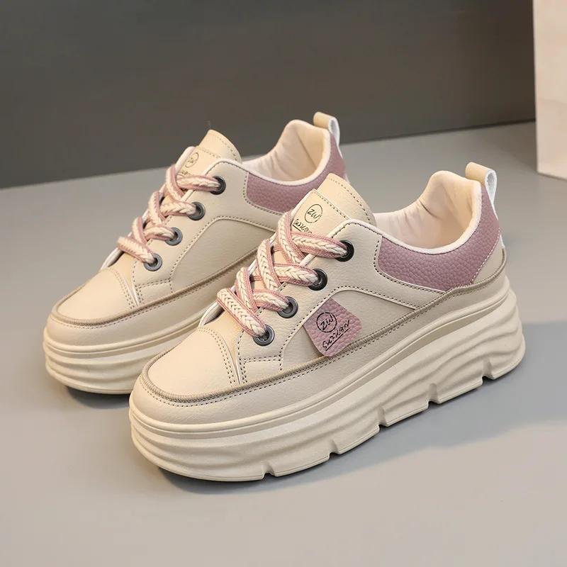 Klobige Luxusmarke Damen Leder Freizeitschuhe Frühling Neu Dicke Erhöhung Sneakers Weibliche Vulkanisierte Schuhe Vielseitig De Mujer