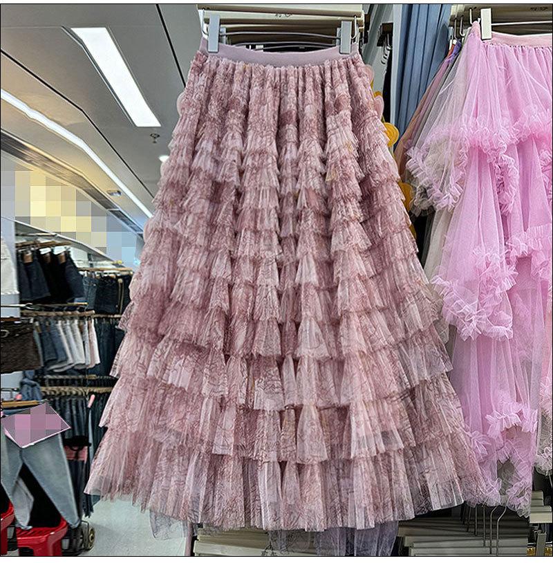 Verlaufender Retro Batik Mesh Tüll Midi Rock