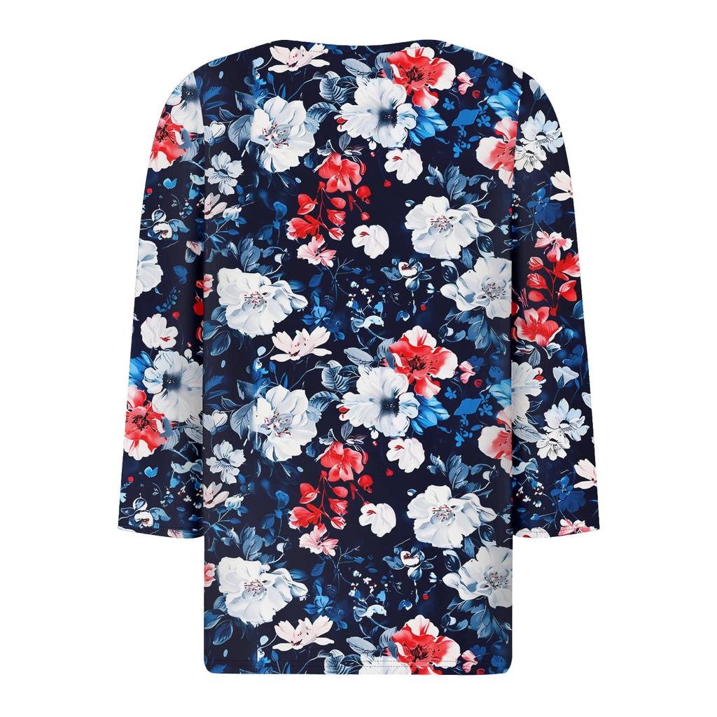 Women's Fashion Casual Seven Split Sleeve Burst Vintage Floral Print Pullover Top