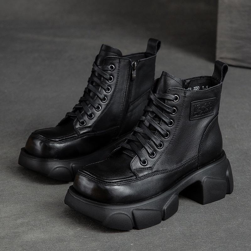2026 New Retro Vintage Martin Boots Full Cowhide Thick Sole Height Increasing Women Boots