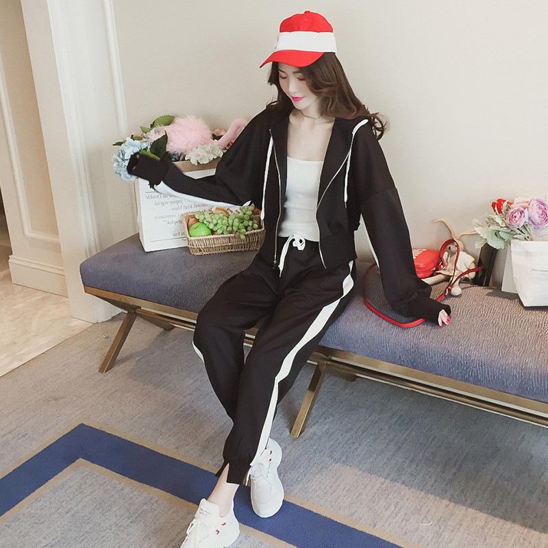 Women 2 Piece Tracksuit Zip Up Hoodie + Jogger Pants Set Casual Sport Loungewear L чёрный
