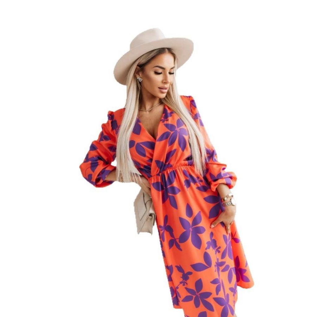 Women's Fashion Sexy V-neck Long Sleeve Printed Midi Dress Casual Casual Party Dress for Women