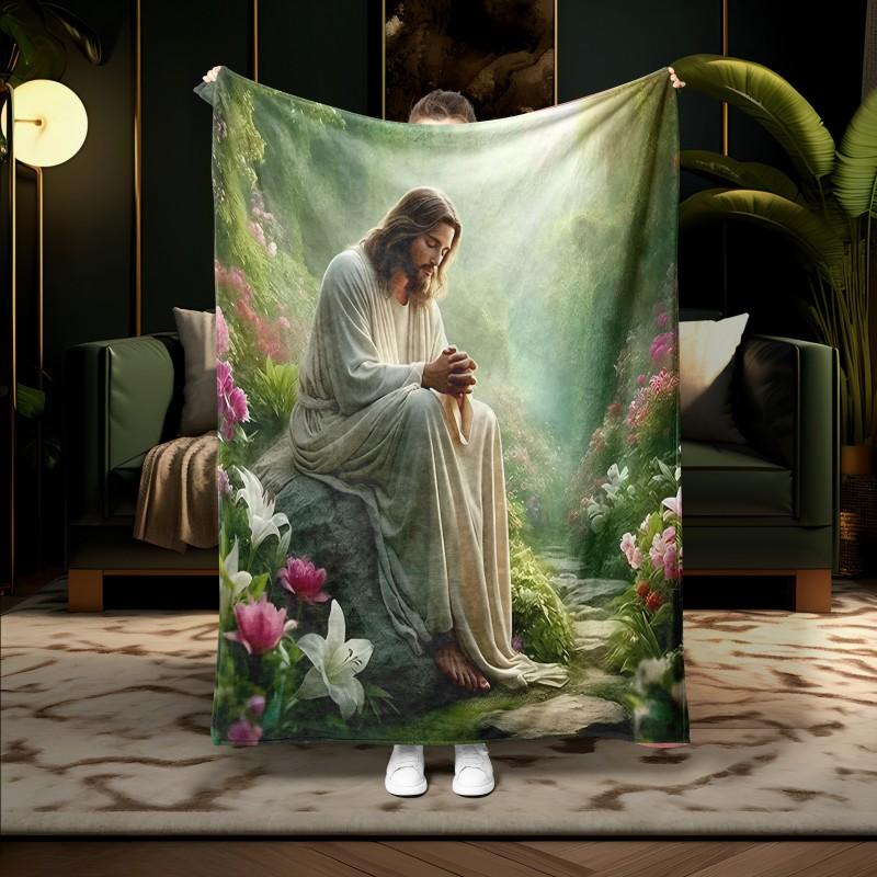 1PC Jesus Portrait Blessing Throw Inspirational Gifts and Prayers Religious Blanket Soft Cozy Warm Blankets for Women Men Gift