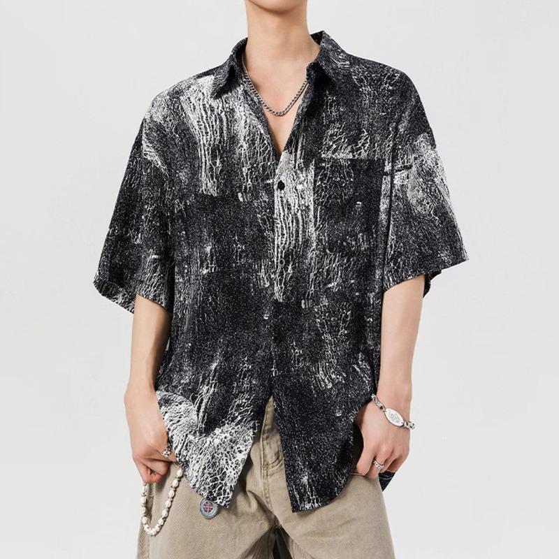 Men's Vintage Distressed Abstract Print Oversized Short Sleeve Button Down Shirt Casual Streetwear Top