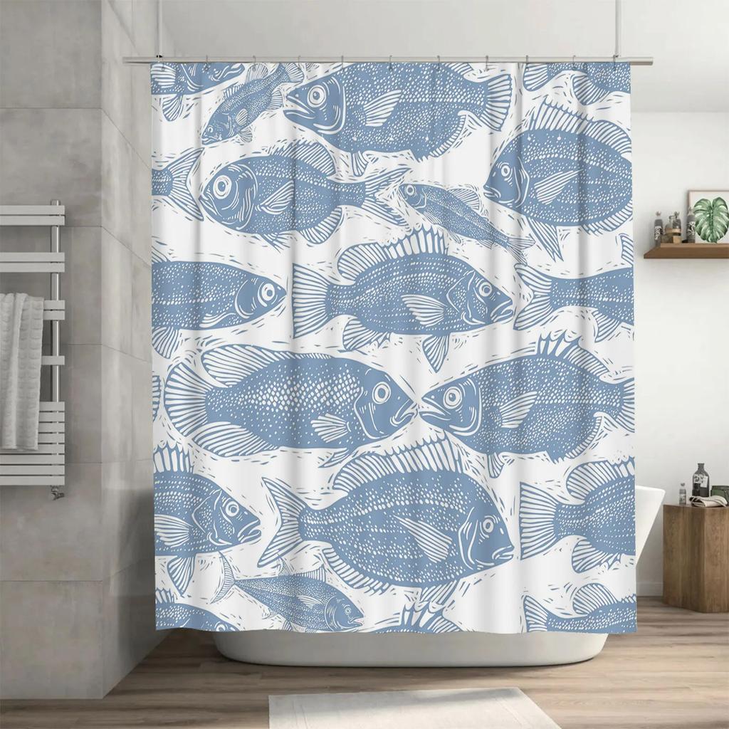 Blue Fish Shower Curtain Decorative Bathroom Waterproof Fabric Bath Mats for Home Decoration White Blue Floral Pattern Watercolo