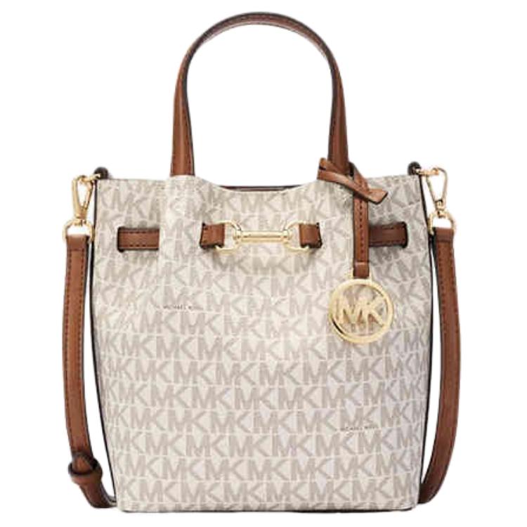 Michael Kors MK Carson Metal Logo Adjustable Detachable Shoulder Strap Faux Leather Crossbody Handbag Small Women handbags 35S5G2ZC5B-VANILLA Basic Set (Bag+Dust Bag)