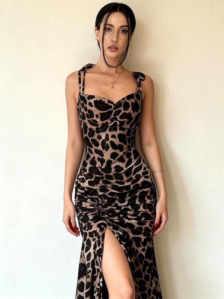 Women s Spaghetti Strap Leopard Print High Waist Ruched High Slit Bodycon Maxi Dress Streetwear Party Dress M