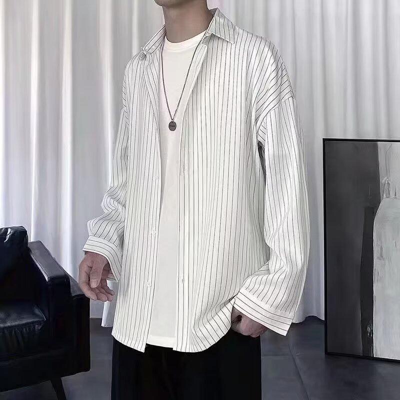 

Men s Spring and Autumn Plus Size Lapel Peplum Solid Color Long Sleeve Striped Handsome Shirt L білий