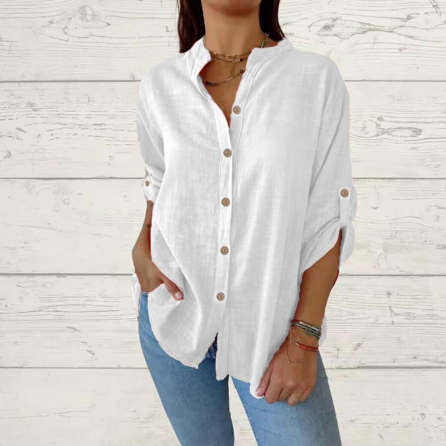 Spring and Summer Solid Color Foldable Sleeves Top V-neck Long Sleeved Casual Loose Women's Blouses & Shirts