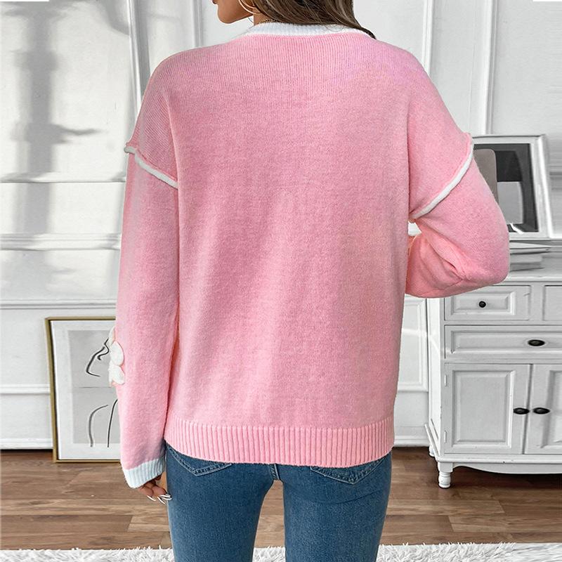 VEZFAA Women's Fashion Casual Fall Winter Flower Pattern Print Long Sleeve V-Neck Sweaters
