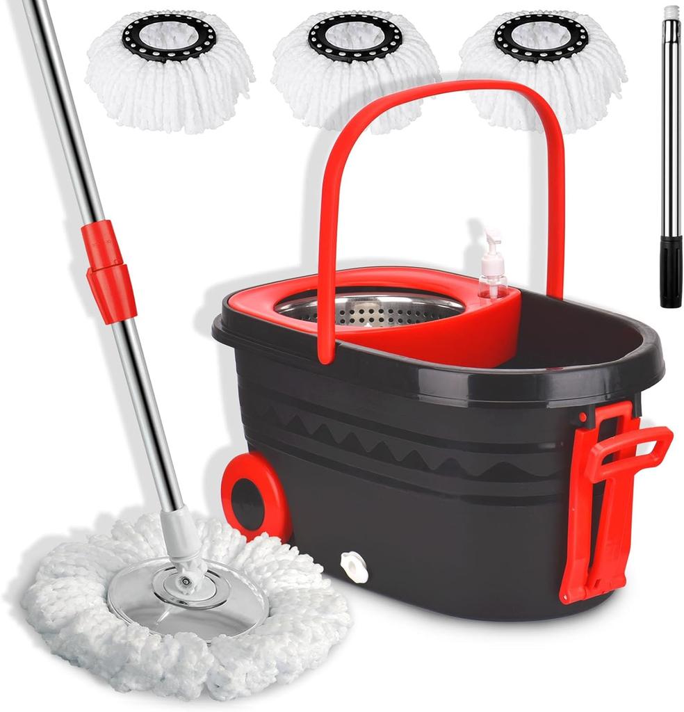 360° Spin Mop Bucket Sets Wrings System, Bucket With Wheels And 61''/155Cm Extendable And Adjustable Handle, Dry Wet Separation